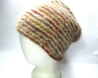 Angora and Wool Striped Hat, Beige Angora and Brown Soft Wool, Hand Spun & Hand Knit, Warm Comfy Hat Gift for Guy, Warm Unisex Hat Gift