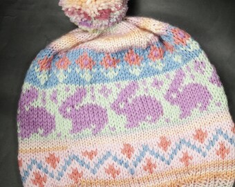 Pastel Bunnies Hand Knit Wool Hat, Hat Gift for Rabbit Lover, Sweet Bunny Hat Gift for Her