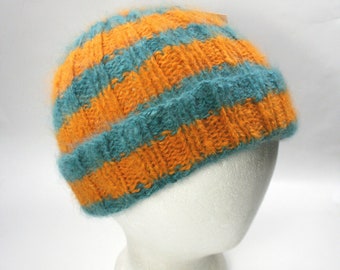 Teal and Orange Striped Ribbed Watch Cap, Pure Angora, Hand Spun, Hand Knit in Orange and Teal Angora, Warm Hat for Him or Her