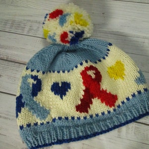 Autism Awareness Ribbon Hat, Hand Knit ASD Awareness Hat
