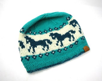 Teal Horses Hand Knit Wool Hat, Horse Themed Hat for Horse Lover, Knit Teal Horse Hat