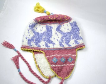 Cats on a Hat, Purple Cats on Pink Ear Flap Hat, Hand Knit Wool Cat Hat with Angora Lined Ear Flaps