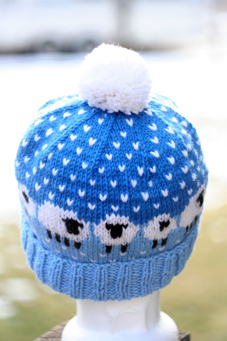 Blue and White Hand Knit Sheep Hat with Pom Pom Etsy