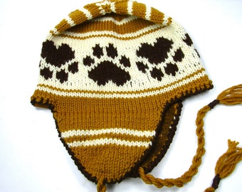 Paw Prints Earflap Hat, Dog Lover Hand Knit Wool Hat in Brown and Maize Yellow, Paw Prints Hat Gift for Dog Lover