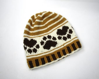 Paw Prints Hat, Dog Lover Hand Knit Wool Hat in Brown and Maize Yellow, Paw Prints Hat Gift for Dog Lover
