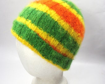 Green, Yellow, and Orange Striped Ribbed Watch Cap, Pure Angora, Hand Spun, Hand Knit in Citrus Colors in Angora, Warm Hat for Him or Her