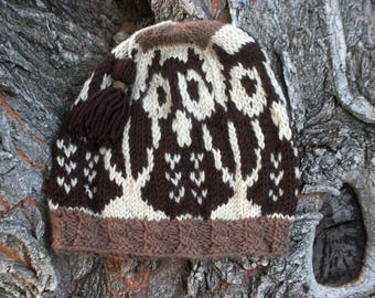 Owl Hat, Gift for Owl Lover, Hand Knit Wool Owls Hat, Brown Owls Hat