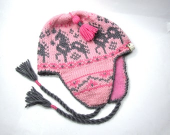 Pink Horses Hat Ear Flap Hat, Handknit Wool with Angora Lined Ear Flaps Gift for Horse Lover, Horse Themed Hand Made Hat