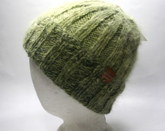 Olive Green Ribbed Watch Cap, Pure Angora, Hand Spun, Hand Knit in Green Angora, Warm Hat for Him or Her