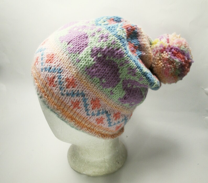 Pastel Bunnies Hand Knit Wool Hat, Hat Gift for Rabbit Lover, Sweet Bunny Hat Gift for Her image 3