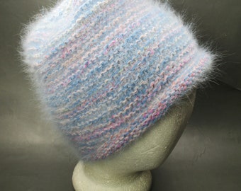 Angora and Wool Soft Hat, Stretchy Hand Knit Pink and Blue Angora and Wool Hat, Soft and Comfy Hat Gift for Her