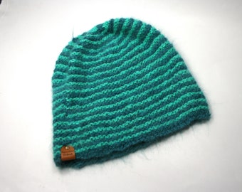Light and Dark Teal Garter Stitch Watch Cap, Pure Angora, Hand Spun, Hand Knit in Light and Dark Teal Angora, Warm Hat for Him or Her