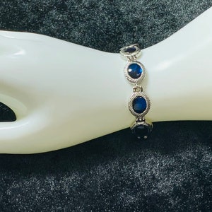 Vintage Linked Bracelet, Midnight Blue Stones set in silver tone, 7”