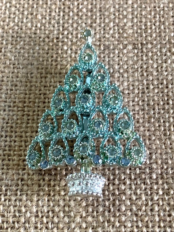 BJ Beatrix Signed Icy Blue Christmas Tree Brooch, 