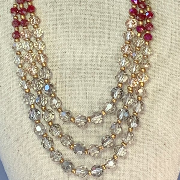 Ann Taylor Loft Faceted Deep Rose and AB Clear/Gold 8mm Glass Beads, 3 graduated Strands, 20" with 3" extender Silver tone chain