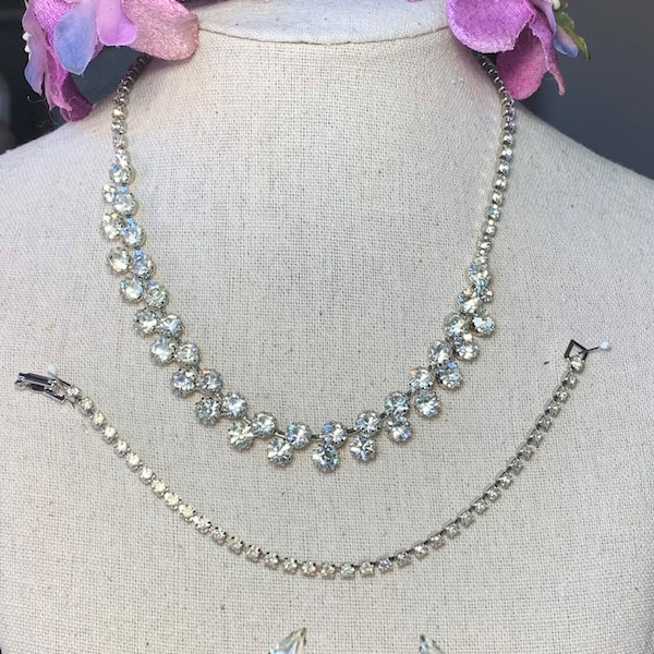 Weiss Designer Rhinestone Choker 15” box clasp with Spring Clip on Rhinestone Earrings and a simple rhinestone bracelet 7”