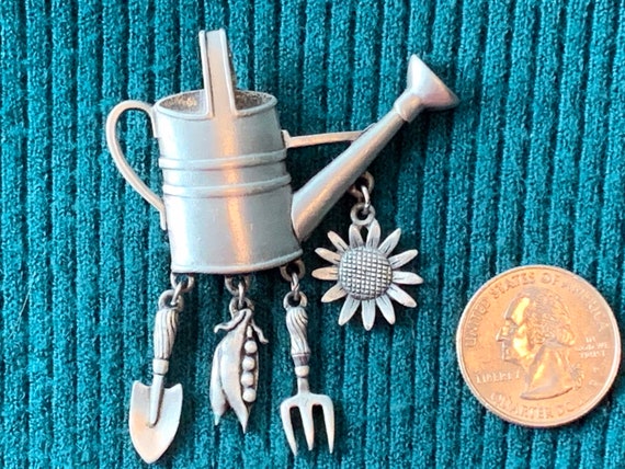 JJ Jonette Garden Watering Can Pewter Brooch - image 2