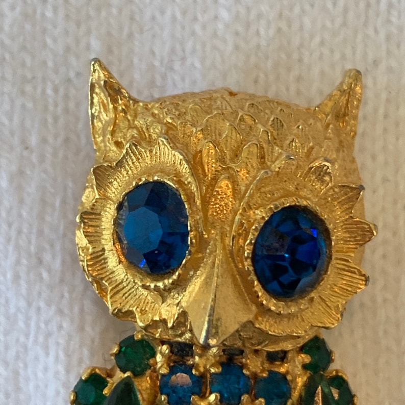 Stunning Vintage Wise Owl Brooch with colorful tiny prong set Czech Rhinestone set in Gold tone