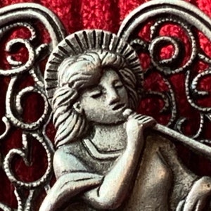 JJ Jonette Trumpeting Angel Pin Rhinestone Filigree Cut out Wings Pewter Brooch