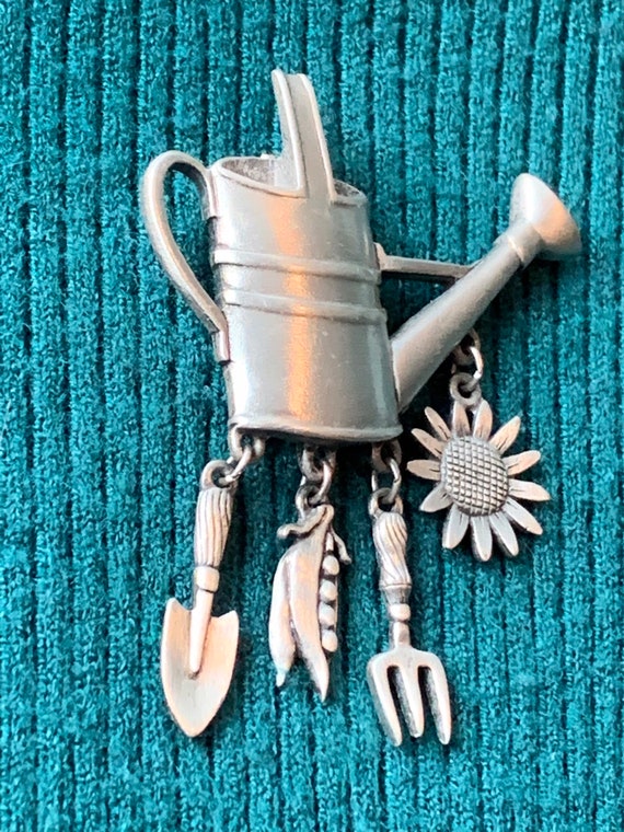 JJ Jonette Garden Watering Can Pewter Brooch - image 3