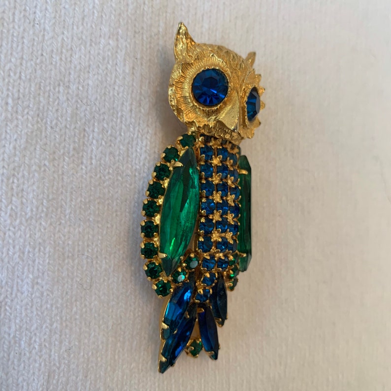 Stunning Vintage Wise Owl Brooch with colorful tiny prong set Czech Rhinestone set in Gold tone