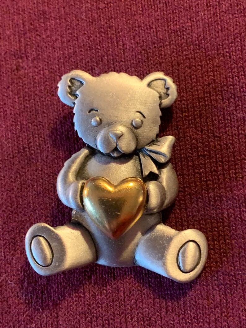 JJ Jonette Adorable Pewter Teddy Bear Hugging a Gold Heart Pin | Etsy
