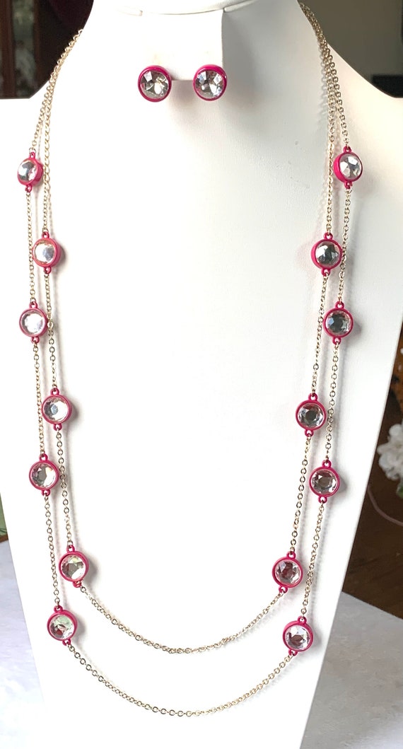 Vintage Two Strands Hot Fuchsia Pink Beaded Crysta