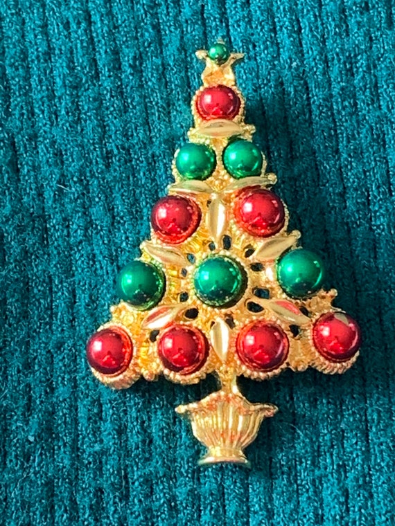 Vintage Christmas Tree Pin with Colorful Red and G