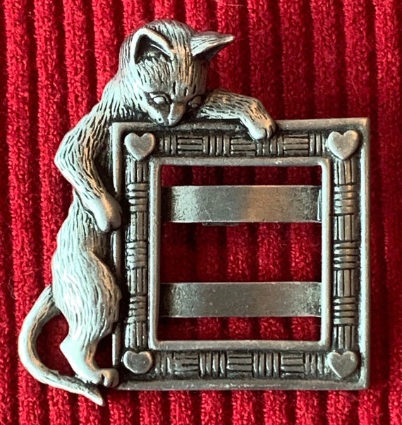 JJ Jonette Pewter Kitty Cat Frame brooch 1980's - image 1