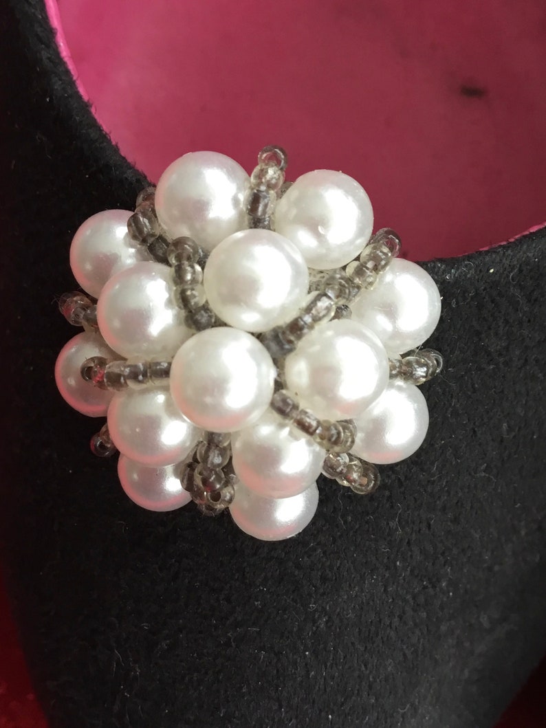 Vintage Shoe Clips White Pearl Cluster Domes intertwined with Smokey topaz seed beads Bridal Wedding