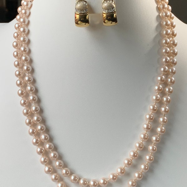 Vintage 1950's Japan Two Strand Faux Pearl Necklace, 22" and Matching Clip on designer Earrings