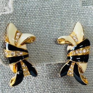 KJL Kenneth J Lane Heavy Gold Plated Interlocking Bows - Pave rhinestone enamel,clip on earrings/comfort pads, 1 1/8&quot;X5/8&quot;,1990&#39;s Signed KJL