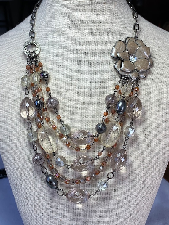 NY Five Strand Chain Necklace, Faux Crystals, Bea… - image 2
