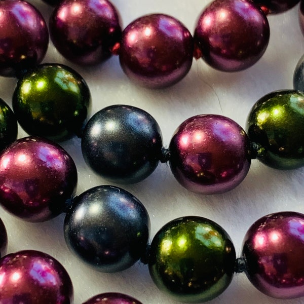 Two Joan Rivers Heavy Hand Knotted Faux Pearl Necklaces, Solid Glossy Plum 27" long and Glossy Plum,Forest Green,Peacock Blue 29"