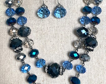 Trifari Cool Colors; Navy Blue,Royal Blue,Sky Blue,Clear Crystal, double strand Necklace, 18" with 2" ext, 18mm Wire Dangle Crystal Earrings