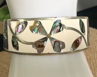 Vintage Silver Mix Cuff Bracelet with Abalone Shell inserts, Made in Mexico