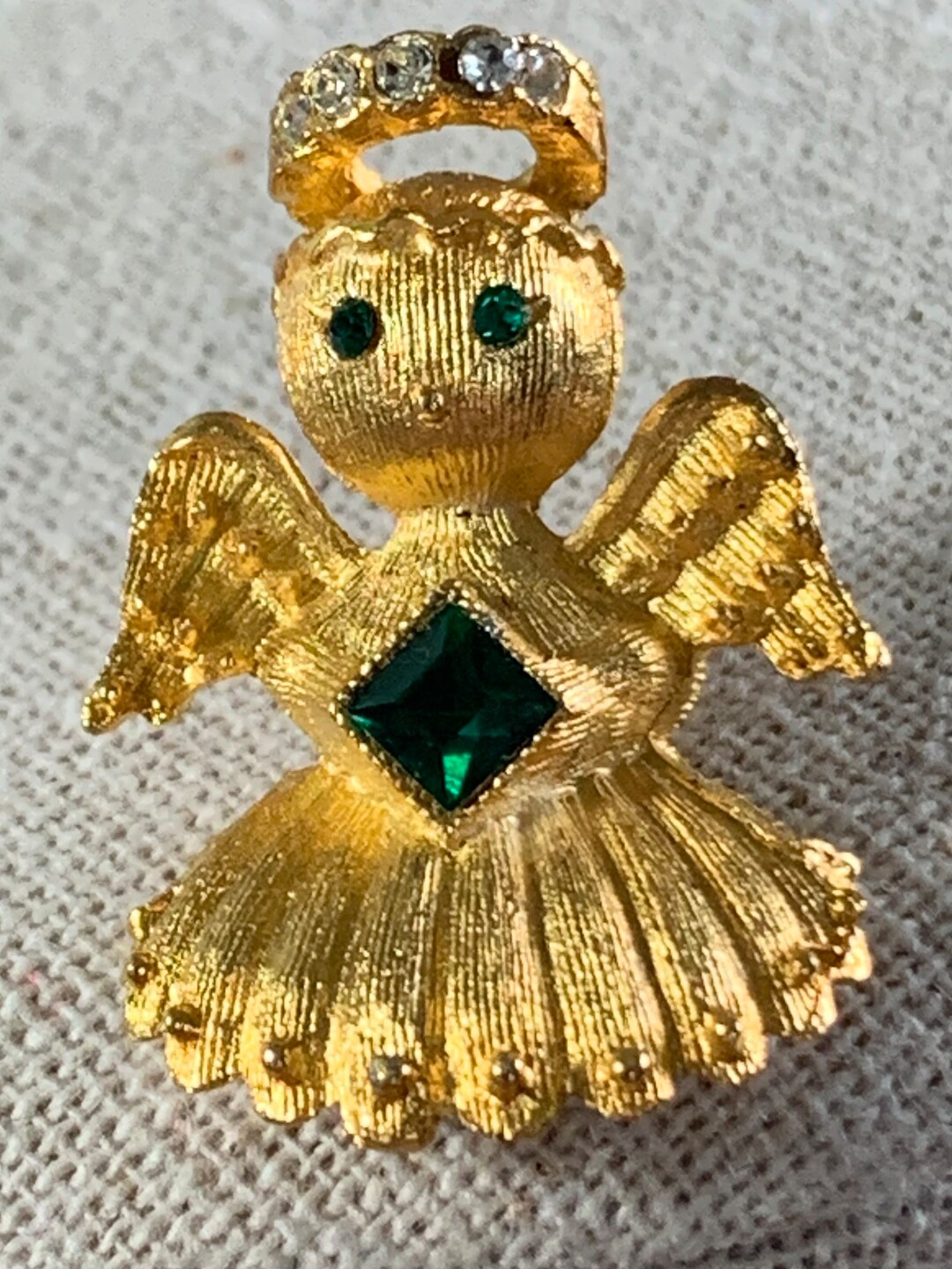 ULTRA Signed Gold Angel Pin Holding an Emerald Green Diamond, Crystal ...