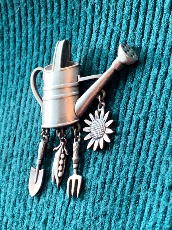 JJ Jonette Garden Watering Can Pewter Brooch - image 4