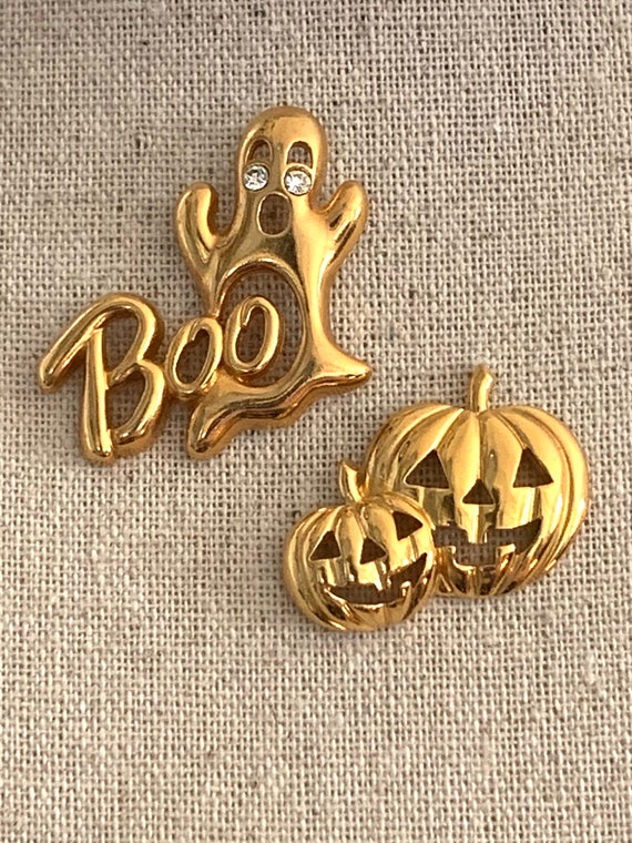 Two Shiny Gold Tac Pins, Avon Spooky Halloween Gho