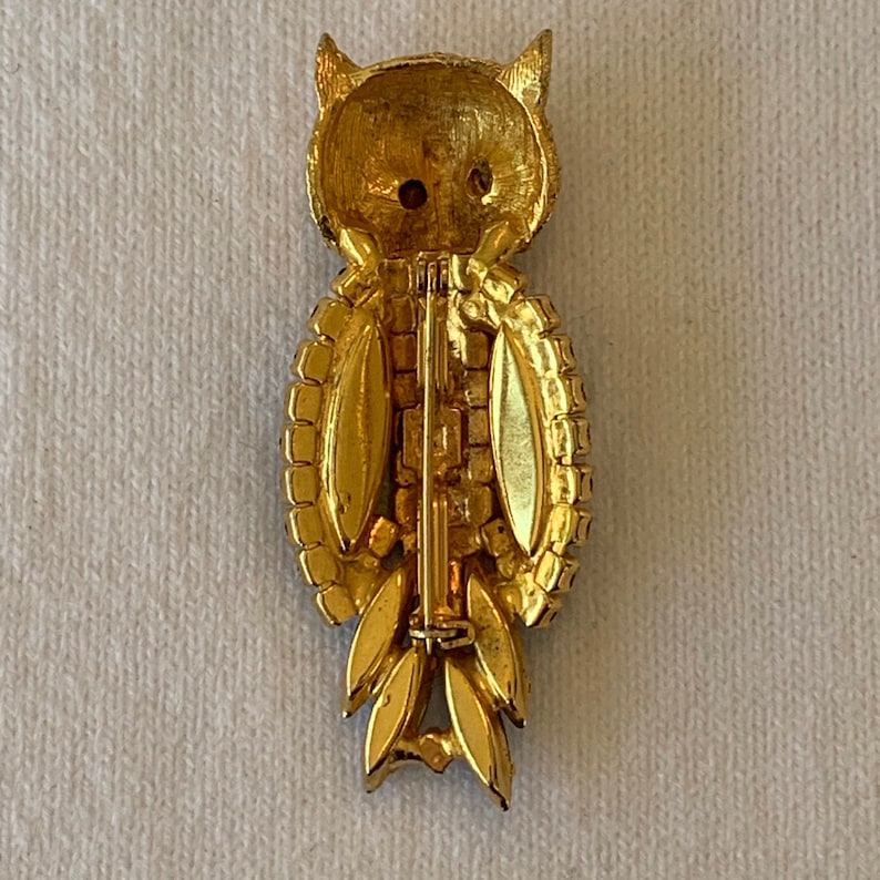 Stunning Vintage Wise Owl Brooch with colorful tiny prong set Czech Rhinestone set in Gold tone