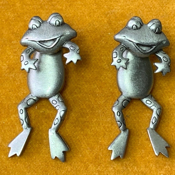 JJ Jonette Giggling Frogs Animated Pewter Post Earrings