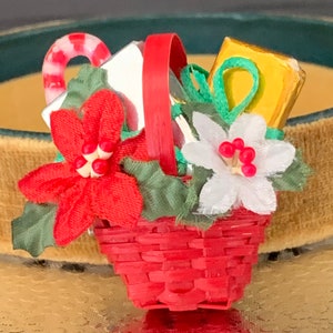 Sweet Holiday Brooch, Real Christmas Basket with Poinsettia, Candy Cane and Foil wrapped Gifts