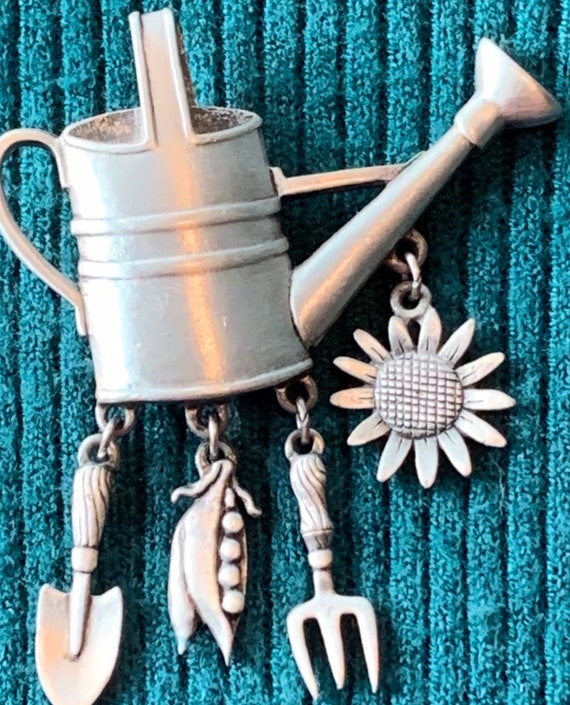 JJ Jonette Garden Watering Can Pewter Brooch - image 1