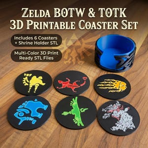 Puede incluir: Un juego de seis posavasos circulares negros con diseños gráficos coloridos, incluyendo patrones en amarillo, rojo, naranja, azul, verde y blanco. Incluye un soporte circular negro y azul. El texto dice: ZELDA BOTW & TOTK 3D PRINTABLE COASTER SET.