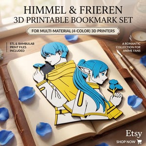 Puede incluir: Un set de marcapáginas imprimibles en 3D de Himmel y Frieren, diseñado para impresoras 3D de 4 colores y multimaterial. Incluye archivos de impresión STL y BambuLab. Los personajes tienen pelo azul, ropa blanca con detalles amarillos y flores.