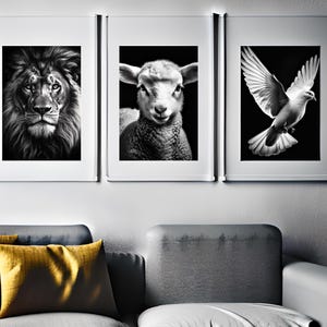 Lion of Judah, Lamb, and Dove Christian posters, Holy Trinity: Son, Father, and Holy Spirit, Jesus Art, Bible Verse, Wall Art