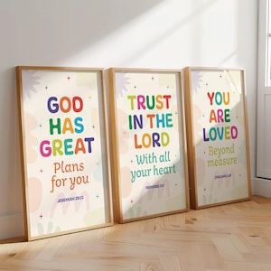 3er Set Bunte Kinder Bibel Vers Wandkunst für Kinder Kindergarten Dekor Christian Spielzimmer Dekor Sonntagsschule Klassenzimmer Dekor Kirche Poster