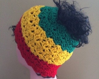 crochet Rasta messy bun ponytail hat pattern tutorial, easy beginner