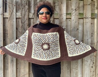 crochet granny square poncho, crochet neutral poncho, women’s clothing