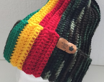 Crochet Rasta Ribbed Hat PATTERN: Rainbow Camo Toque (PDF Digital Download)